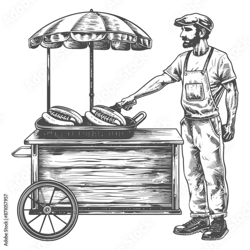 hotdog street vendor with engraving style