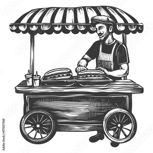 hotdog street vendor with engraving style