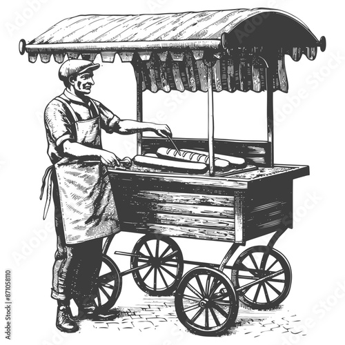 hotdog street vendor with engraving style