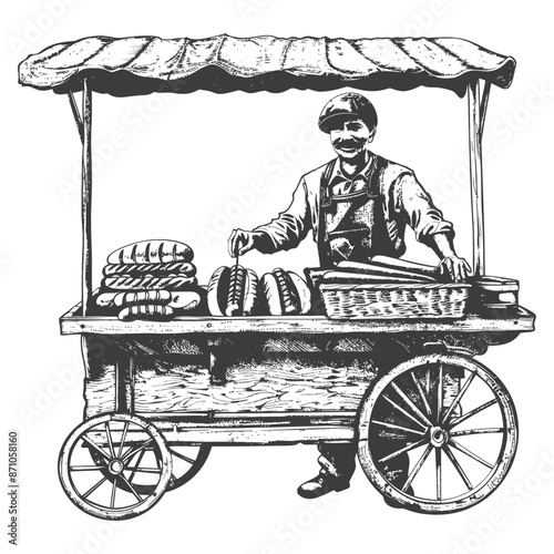 hotdog street vendor with engraving style