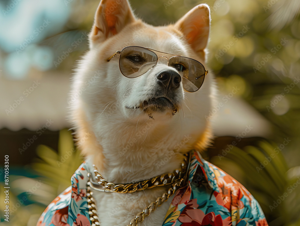 custom made wallpaper toronto digitalA beautiful young Akita-Inu female. Photorealistic, miami vice style, Akita dog, sunglasses, floral shirt, gold chain
