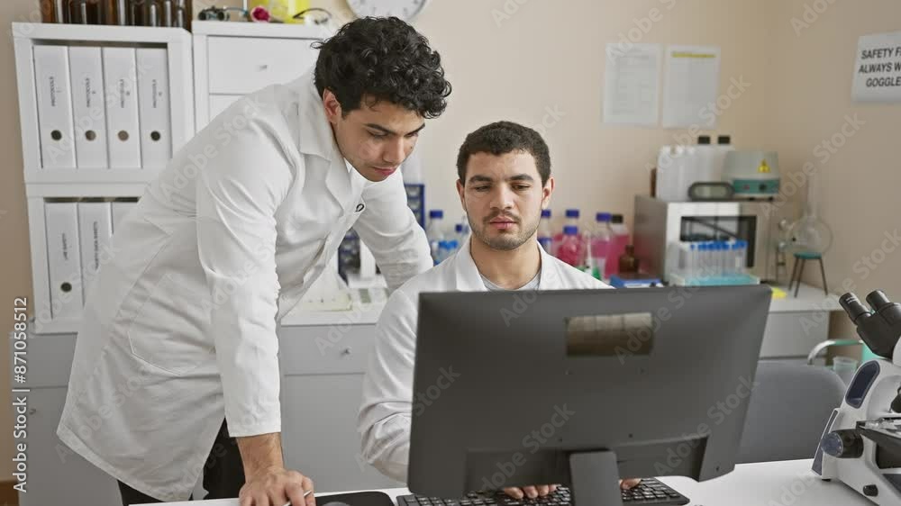 Two male scientists collaborate in a modern laboratory setting, focusing on a computer screen amid research equipment. Two male scientists collaborate in a modern laboratory setting, focusing on a computer screen amid research equipment.