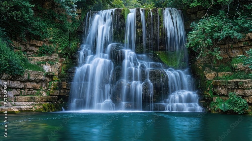 Fototapeta premium A waterfall cascading down into a serene pool, representing the beauty and power of nature.