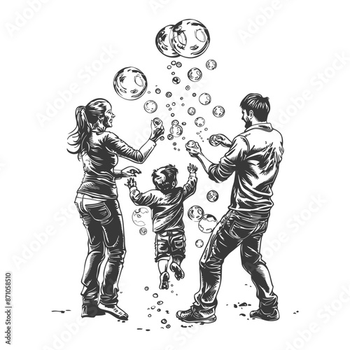 happy family playing soap bubbles with engraving style