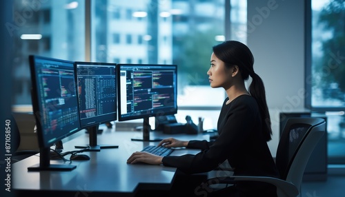 Side view of a female programmer working on a computer in an office