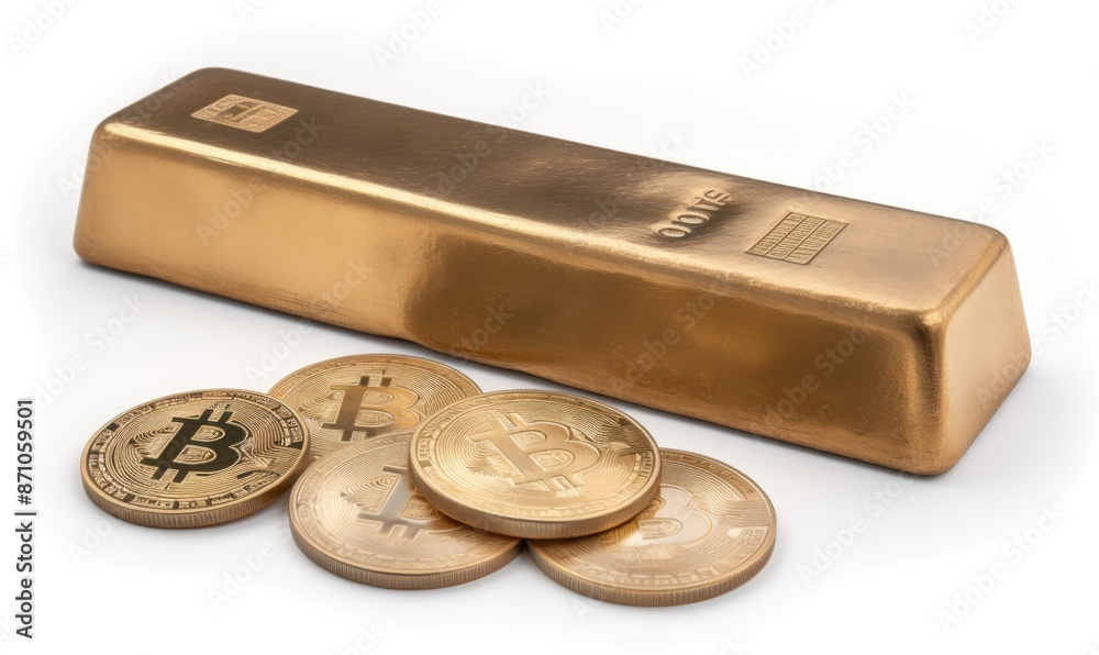 Symbolic Representation of Financial Prowess: Gold Bar and Bitcoin Coins Symbolic Representation of Financial Prowess: Gold Bar and Bitcoin Coins