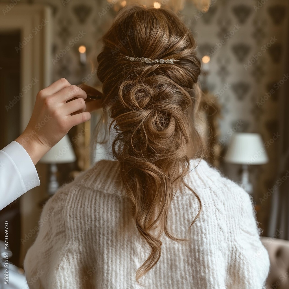 Fototapeta premium AI generator image of a model showing off a hairstyle that was designed and decorated by a professional hairstylist. Bridal style hairstyle.