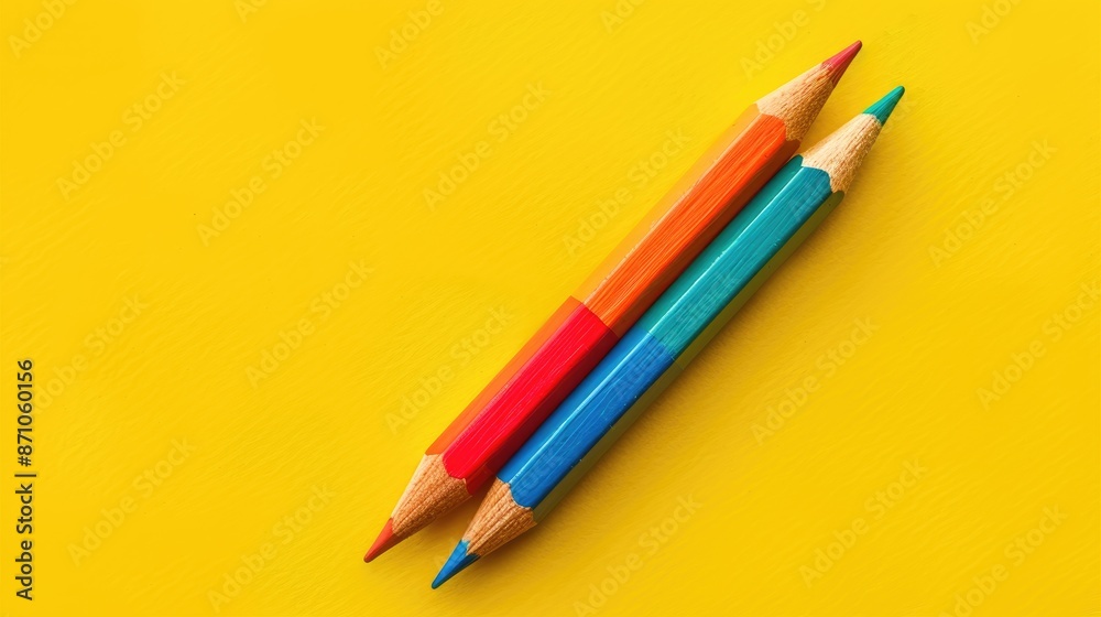 Pen in colors on yellow backdrop Pen in colors on yellow backdrop