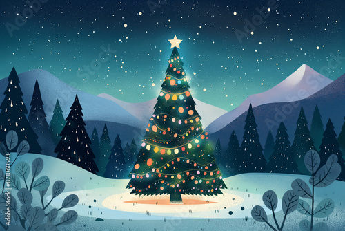 Christmas Tree with Lights in Snowy Forest at Night with Mountains and Starry Sky.