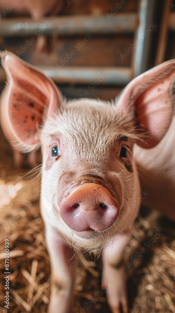 Close-up of a curious piglet on a farm, shallow depth of field. Animal and countryside life concept Close-up of a curious piglet on a farm, shallow depth of field. Animal and countryside life concept