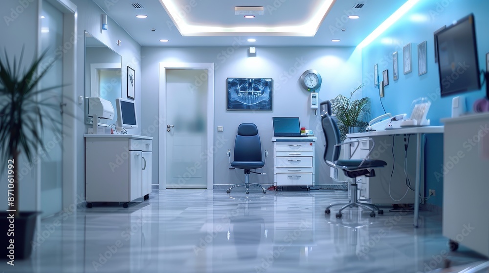 This image depicts a professional office environment characterized by blue tones and modern decor, featuring well-organized desks, computers, and various office supplies. This image depicts a professional office environment characterized by blue tones and modern decor, featuring well-organized desks, computers, and various office supplies.