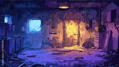 Abandoned Room with Broken Window and Ruined Interior Cartoon Style Game Background Derelict Building Decay Mystery Exploration Adventure Atmosphere