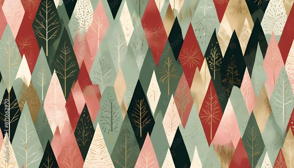 Naklejka premium Retro Christmas geometric tree pattern minimalist winter forest Background