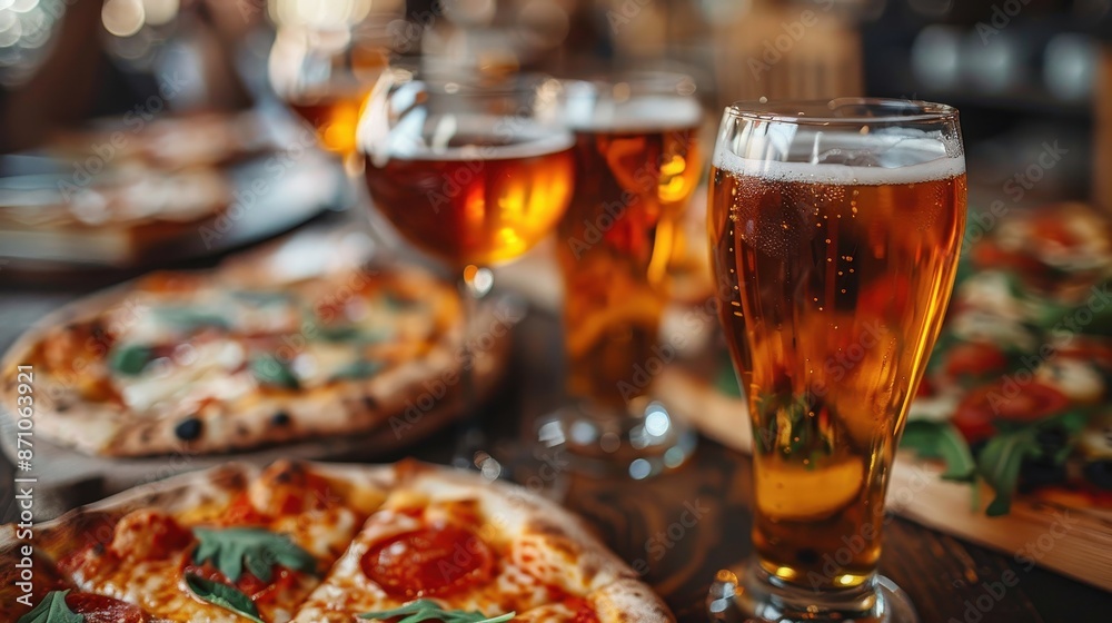 Glasses of beer held above pizzas on a table, capturing a lively moment of enjoyment and connection, perfect for a social gathering or relaxed meal with friends. Glasses of beer held above pizzas on a table, capturing a lively moment of enjoyment and connection, perfect for a social gathering or relaxed meal with friends.