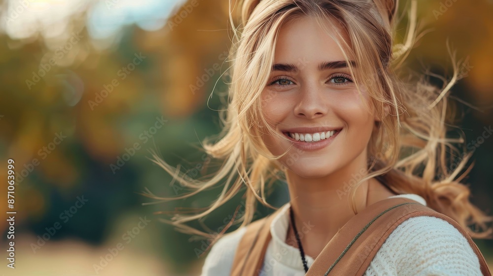 A young woman with blonde hair smiles warmly at the camera, with autumn leaves in the background, creating a vibrant and joyful outdoor setting full of life. A young woman with blonde hair smiles warmly at the camera, with autumn leaves in the background, creating a vibrant and joyful outdoor setting full of life.