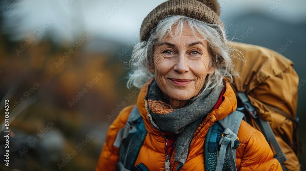 An elderly woman with white hair, heading into scenic mountainous areas, dressed warmly in an orange jacket and beanie, and carrying a large backpack, happily exploring nature. An elderly woman with white hair, heading into scenic mountainous areas, dressed warmly in an orange jacket and beanie, and carrying a large backpack, happily exploring nature.