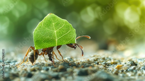 An ant carrying a leaf much larger than itself, highlighting the strength of collective effort and determination.