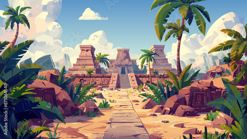 Ancient Aztec City Cartoon Game Background Mesoamerican Civilization Pyramids Temples Ruins Jungle Architecture Culture History Adventure Exploration Illustration Mayan Stone