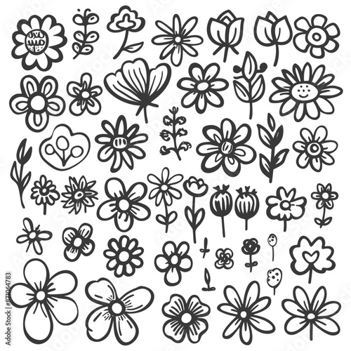 hand drawn cute flower kawaii doodle collection set with engraving style