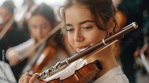 A young woman engrossed in playing the violin during an orchestra practice session, exuding grace and concentration as she focuses on delivering a captivating musical performance. photo