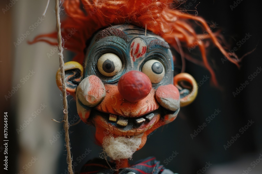 Crazy and colorful puppet with wild hair and exaggerated facial features.