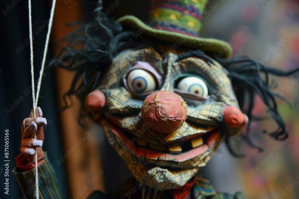 Fototapeta premium Crazy and colorful puppet with wild hair and exaggerated facial features.