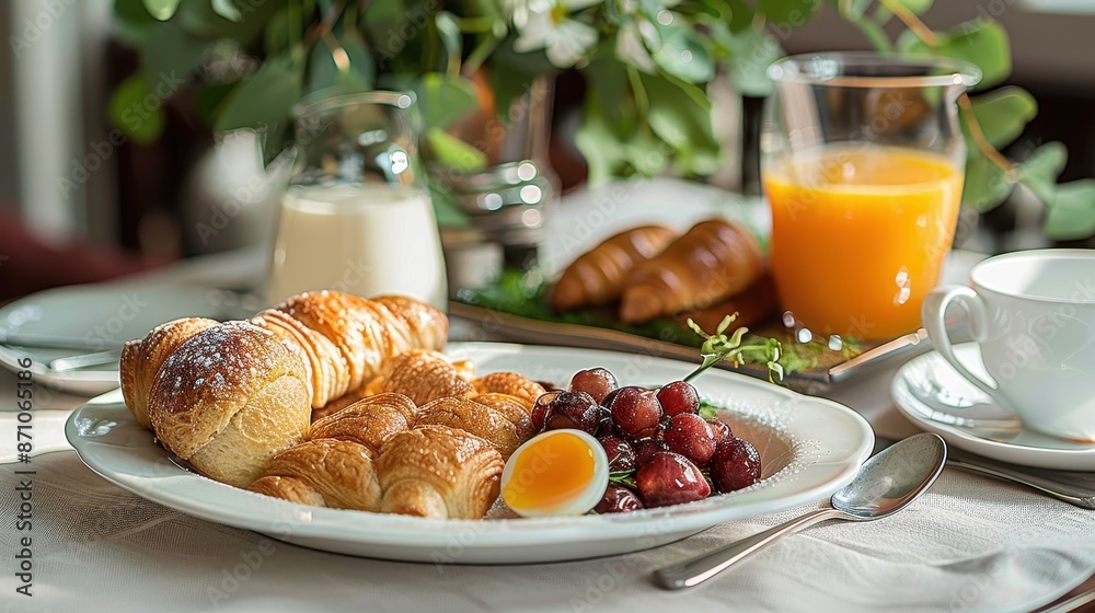 A delightful breakfast table elegantly set with pastries, grapes, a boiled egg, and a glass of orange juice. The serene setting invites one to a peaceful morning meal. A delightful breakfast table elegantly set with pastries, grapes, a boiled egg, and a glass of orange juice. The serene setting invites one to a peaceful morning meal.