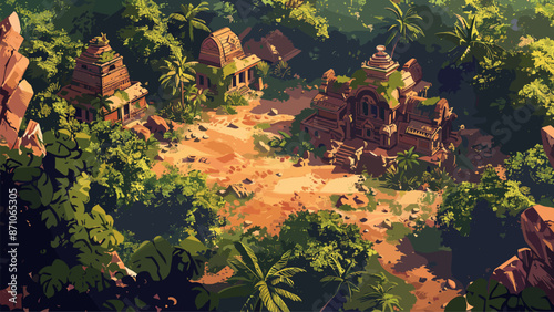 Ancient Indian Village Clearing Dense Forest Thickets Wooden Huts Tribal Community Indigenous Culture Scenic Landscape Cartoon Style Game Background Illustration