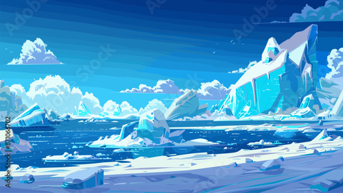 Antarctic Landscape Cartoon Game Background Polar Ice Wilderness Snow Mountains Glacier Arctic Wildlife Adventure Exploration Illustration Frozen Tundra Expedition Cold
