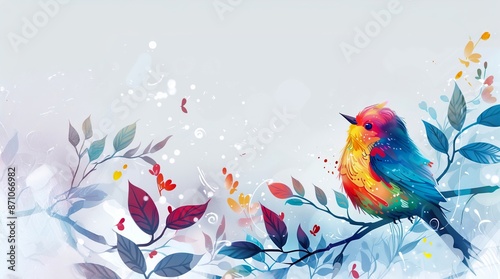 A vibrant bird perched on a branch adorned with leaves and flowers, rendered in a playful watercolor style with colorful splashes, sits against a clean white background.