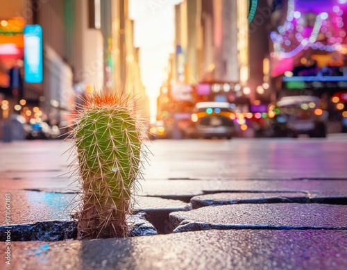 Cactus fissurant le sol au milieu de time square 
