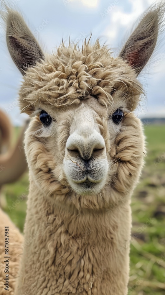 Fototapeta premium Close-up portrait of a cute alpaca on a farm, looking at the camera. Adorable farm animal concept