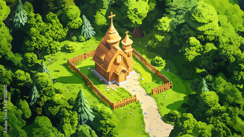 Beautiful Wooden Church Bright Green Lawn Wooden Fence Serene Atmosphere Peaceful Surroundings Churchyard Aerial View Cartoon Style Game Background Illustration