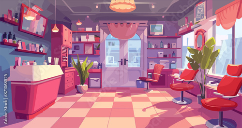 Beauty Salon Interior Cartoon Game Background Stylish Spa Hair Salon Makeup Stations Mirrors Chairs Fashion Cosmetics Skincare Pampering Relaxation Illustration Manicure Pedicure
