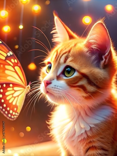 Cute red cat, watching a butterfly, bright sunny beautiful background light © ArtyKris99