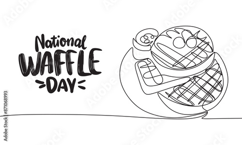 Waffle silhouette one line continuous. National Waffle Day. Hand drawn vector art