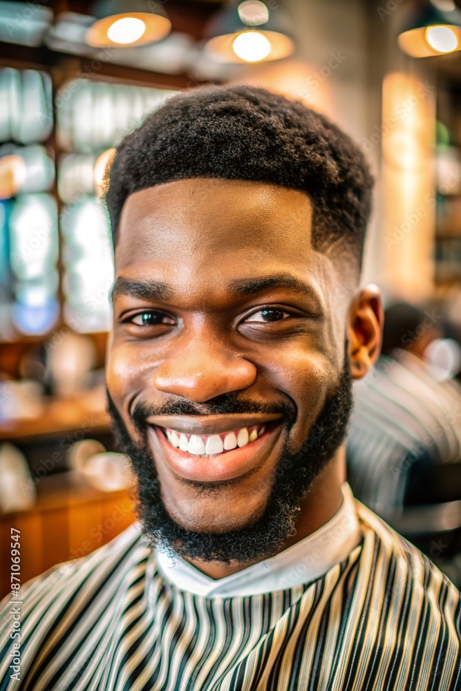 The head of a young handsome man is turned three quarters to the right, with a stylish haircut, shaved temples, stripes shaved on the temples, and a short beard. At the hairdresser's. Smiles a little. The head of a young handsome man is turned three quarters to the right, with a stylish haircut, shaved temples, stripes shaved on the temples, and a short beard. At the hairdresser's. Smiles a little.