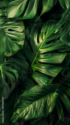Close-up of lush green monstera leaves with deep splits and vibrant veins. Botanical and nature concept photo