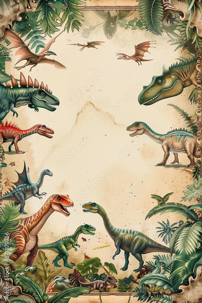Obraz premium invitation for a dinosaur themed party, featuring dinosaur illustrations in various poses and sizes on the card on the edges of the page,leaving the center blank white