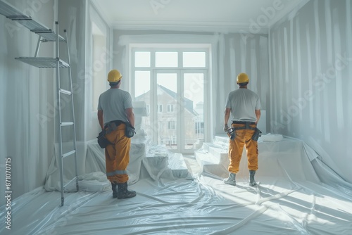 Wallpaper Mural Two men in orange work clothes stand in a room with white walls. They are wearing hard hats and looking at something Torontodigital.ca