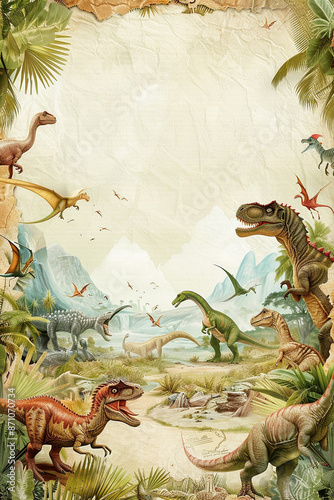 invitation for a dinosaur themed party, featuring dinosaur illustrations in various poses and sizes on the card on the edges of the page,leaving the center blank white