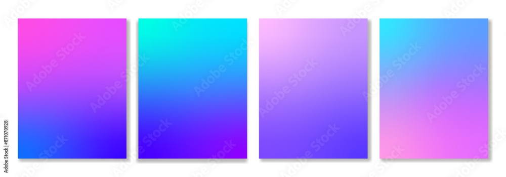 Set of 4 gradient backgrounds in trendy neon colors with soft transitions. For covers, wallpapers, branding, social media and other projects. For web and printing. Set of 4 gradient backgrounds in trendy neon colors with soft transitions. For covers, wallpapers, branding, social media and other projects. For web and printing.