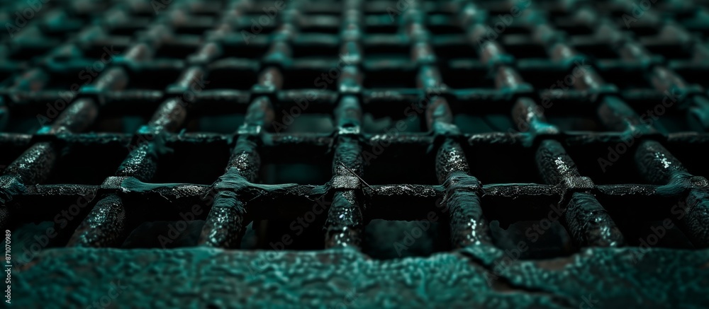 Fototapeta premium A low-angle shot looking up through a subway grate, emphasizing the strong geometric lines and dark metal texture