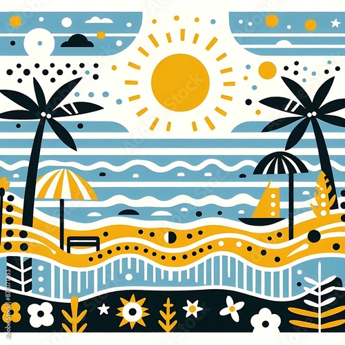 Summer illustration, background, vibrant colors, sun is shining