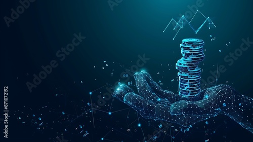 Blockchain technology concept. Polygonal hand holds stack of coins. Wireframe low poly mesh