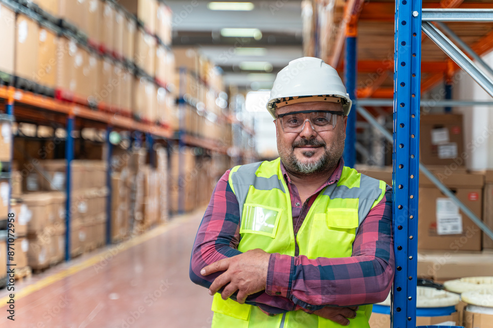 Portrait of a smiling industry manual worker standing in corridor of factory warehouse Portrait of a smiling industry manual worker standing in corridor of factory warehouse