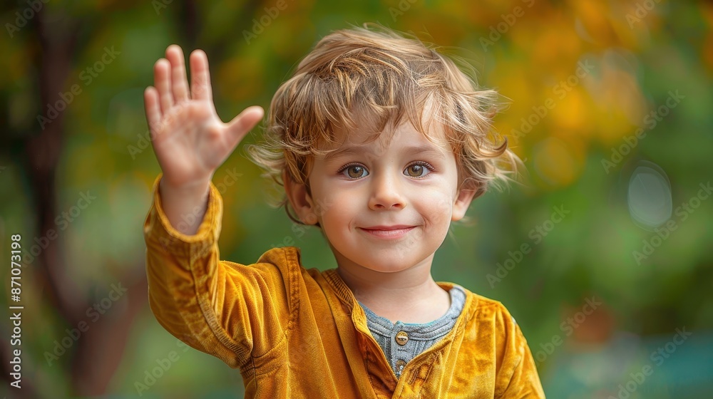 A cheerful young boy with wavy hair in a yellow shirt, waving and smiling at the camera, set against a blurry background of green foliage. Perfect for family or child-focused themes. A cheerful young boy with wavy hair in a yellow shirt, waving and smiling at the camera, set against a blurry background of green foliage. Perfect for family or child-focused themes.