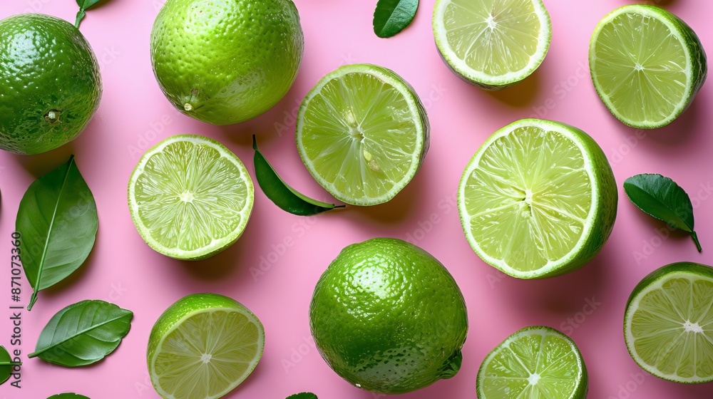 Limes and Leaves on Pink Background Limes and Leaves on Pink Background