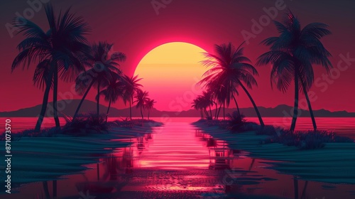 Palm Trees and Sunset Over Water © OlScher