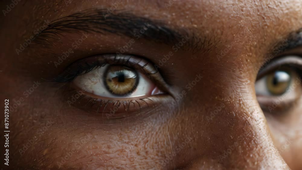 Macro close-up of African American person looking at camera. Close up portrait of african american woman looking seriously at camera Macro close-up of African American person looking at camera. Close up portrait of african american woman looking seriously at camera